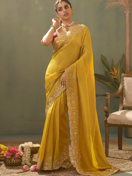 Yellow Silk Embroidered Designer Saree