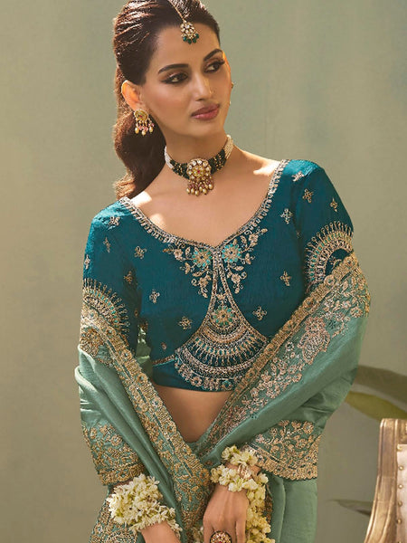 Bottle Green Silk Embroidered Designer Saree