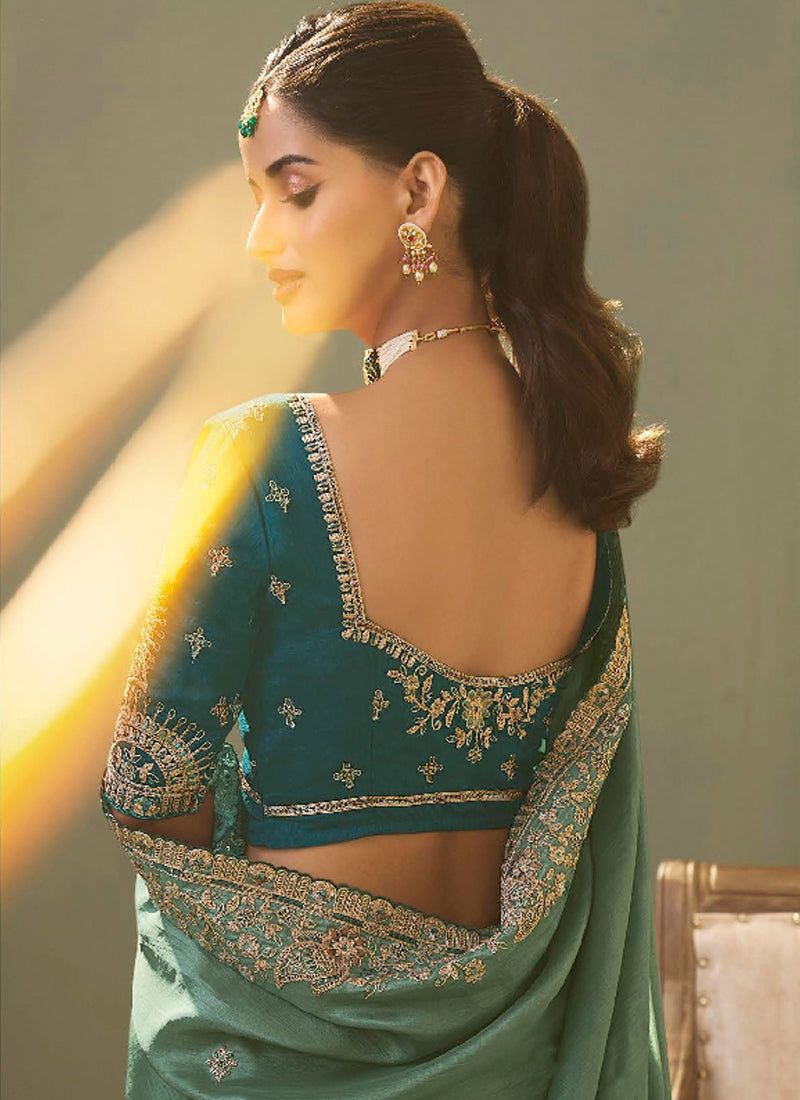 Bottle Green Silk Embroidered Designer Saree