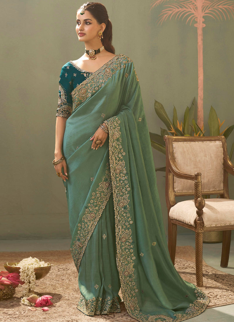 Bottle Green Silk Embroidered Designer Saree
