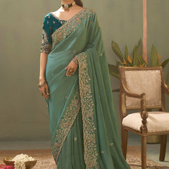 Bottle Green Silk Embroidered Designer Saree