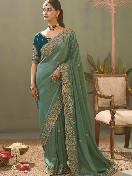 Bottle Green Silk Embroidered Designer Saree