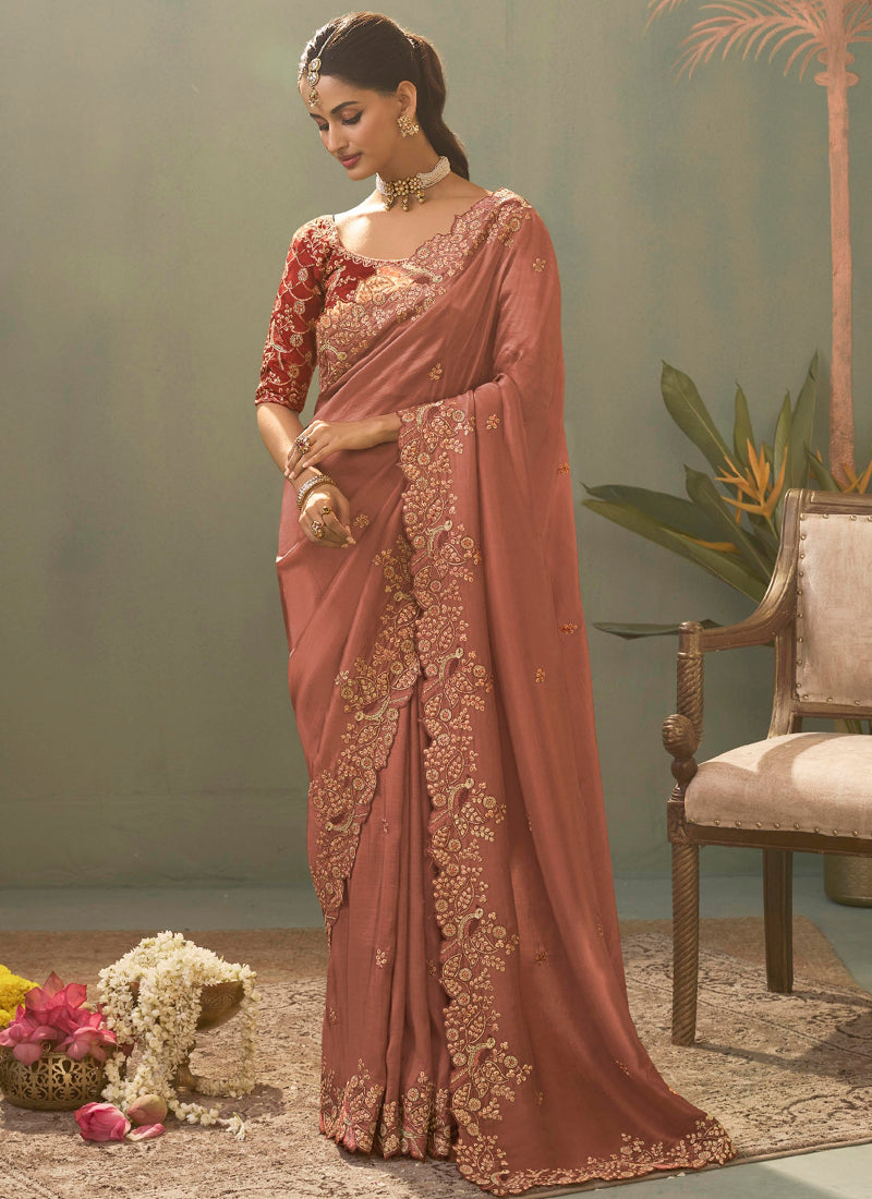 Blush Pink Silk Embroidered Designer Saree