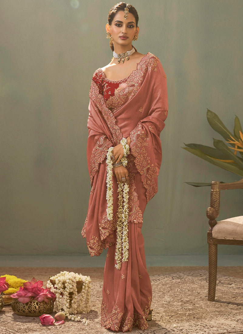 Blush Pink Silk Embroidered Designer Saree