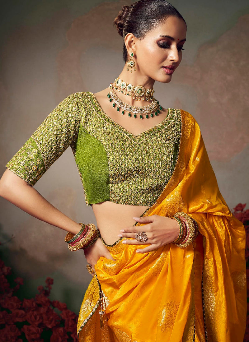 Yellow Chiniya Silk Heavy Designer Embroidered Saree