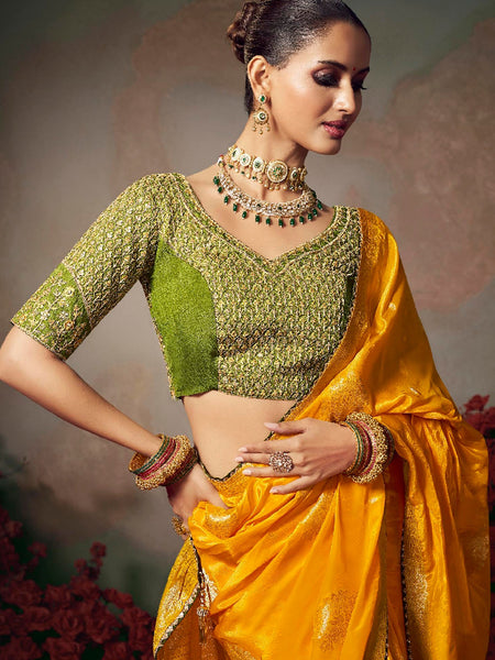Yellow Chiniya Silk Heavy Designer Embroidered Saree