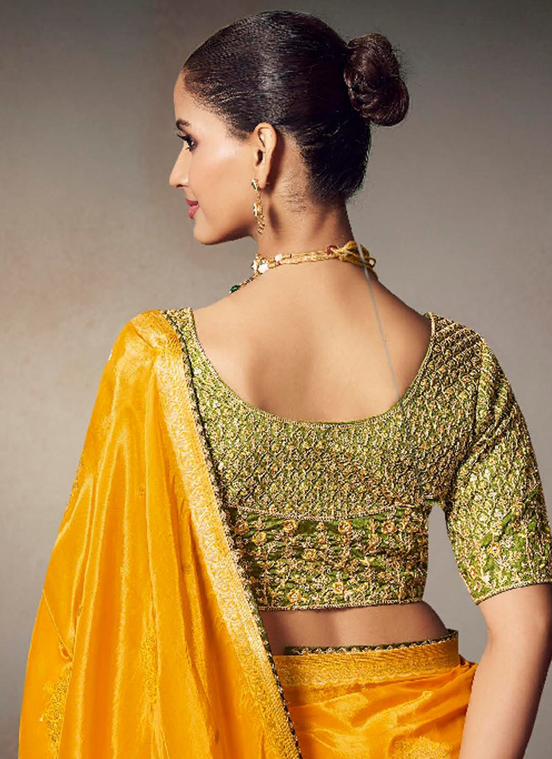 Yellow Chiniya Silk Heavy Designer Embroidered Saree