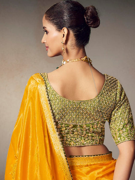 Yellow Chiniya Silk Heavy Designer Embroidered Saree