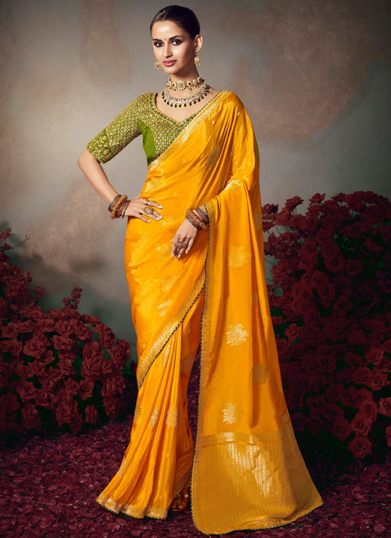 Yellow Chiniya Silk Heavy Designer Embroidered Saree