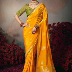 Yellow Chiniya Silk Heavy Designer Embroidered Saree