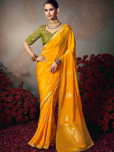 Yellow Chiniya Silk Heavy Designer Embroidered Saree