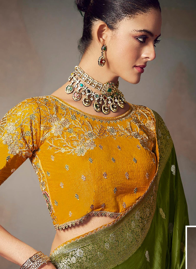 Dark Green Chiniya Silk Heavy Designer Embroidered Saree
