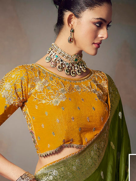 Dark Green Chiniya Silk Heavy Designer Embroidered Saree