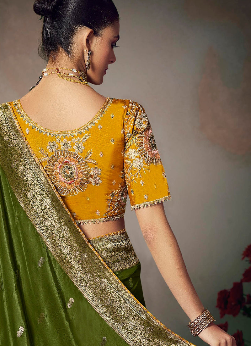 Dark Green Chiniya Silk Heavy Designer Embroidered Saree