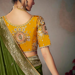Dark Green Chiniya Silk Heavy Designer Embroidered Saree