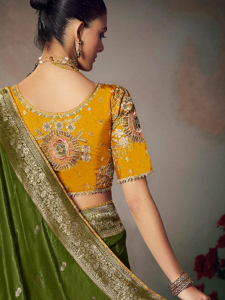 Dark Green Chiniya Silk Heavy Designer Embroidered Saree