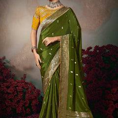 Dark Green Chiniya Silk Heavy Designer Embroidered Saree