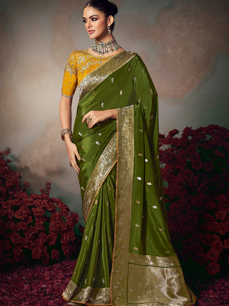 Dark Green Chiniya Silk Heavy Designer Embroidered Saree