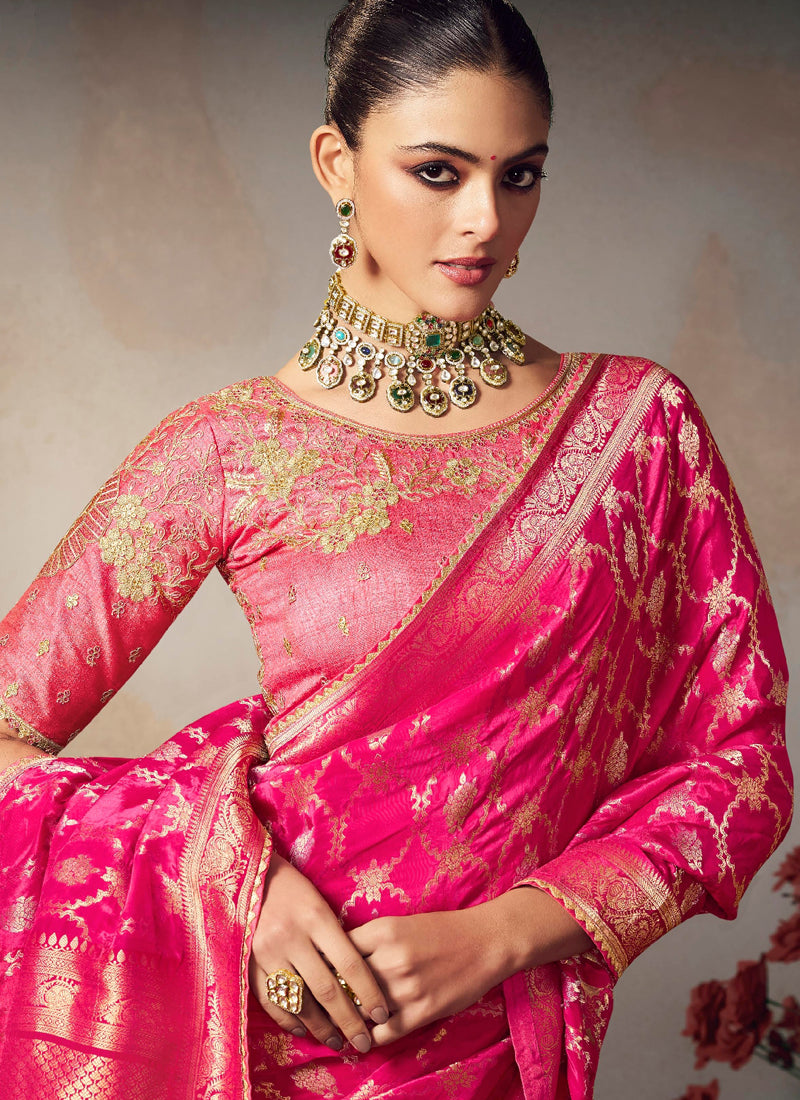 Pink Chiniya Silk Heavy Designer Embroidered Saree
