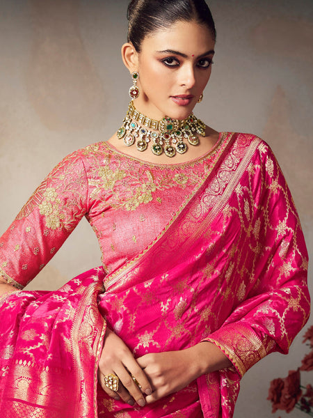 Pink Chiniya Silk Heavy Designer Embroidered Saree