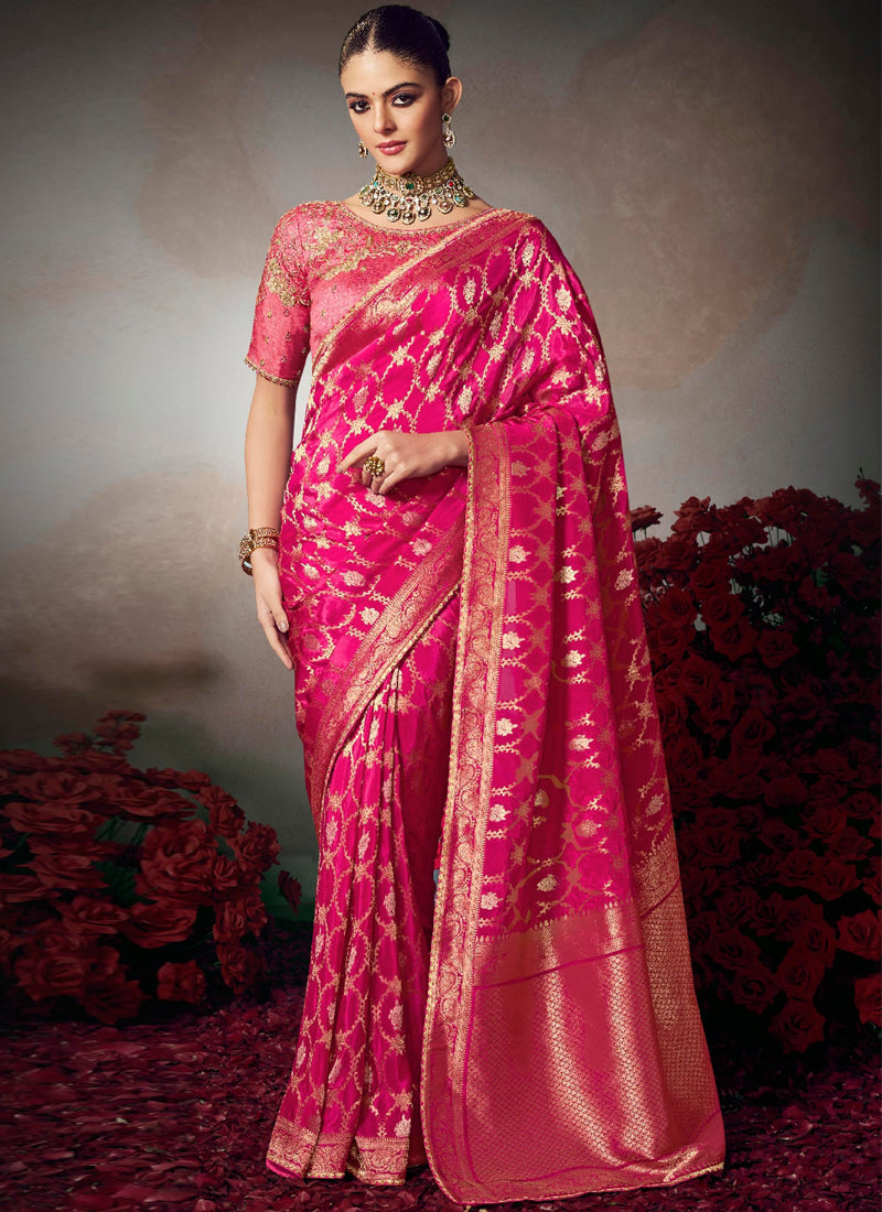 Pink Chiniya Silk Heavy Designer Embroidered Saree