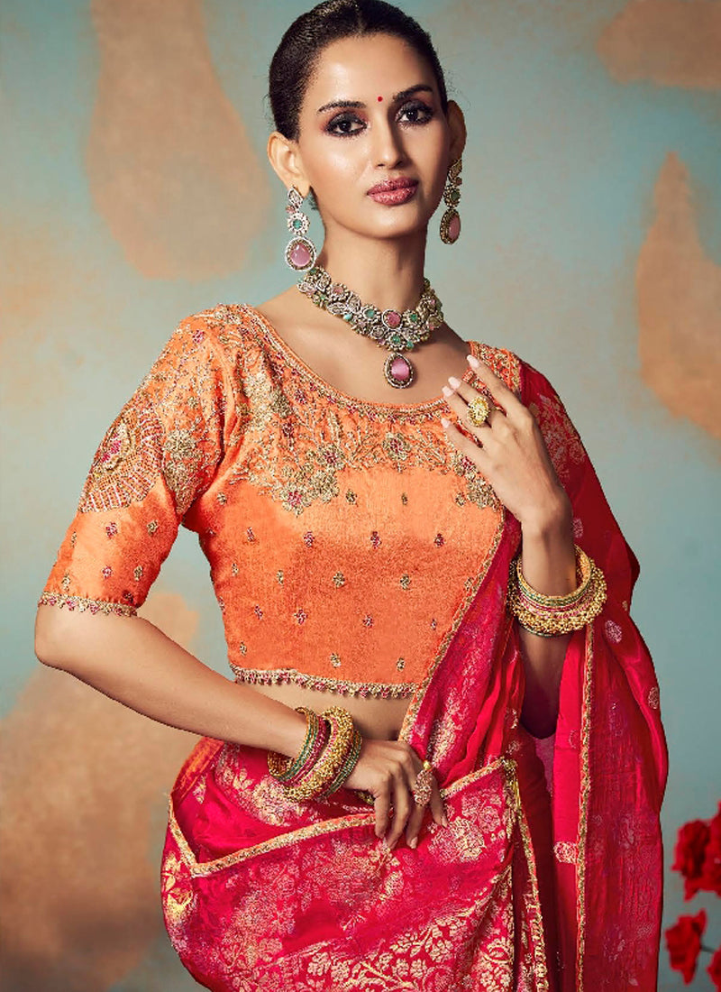 Red Chiniya Silk Heavy Designer Embroidered Saree