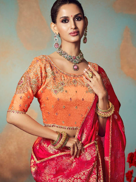 Red Chiniya Silk Heavy Designer Embroidered Saree