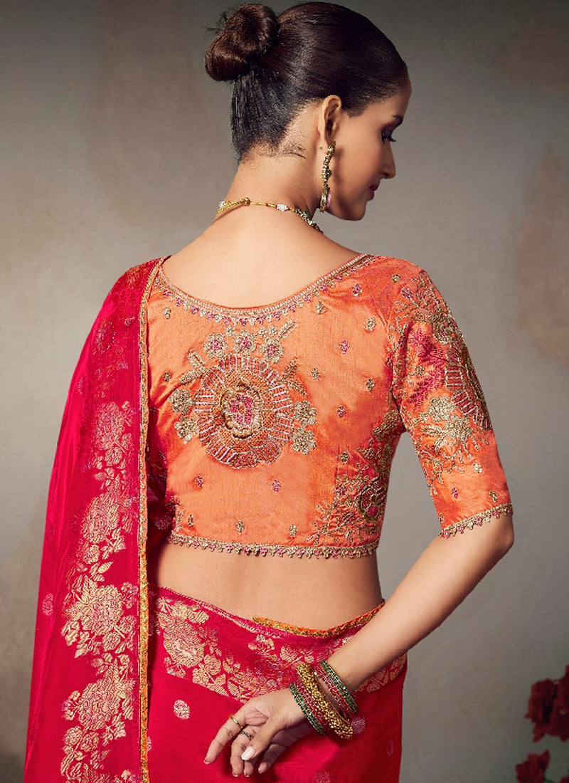 Red Chiniya Silk Heavy Designer Embroidered Saree