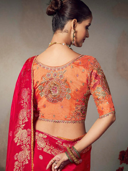 Red Chiniya Silk Heavy Designer Embroidered Saree