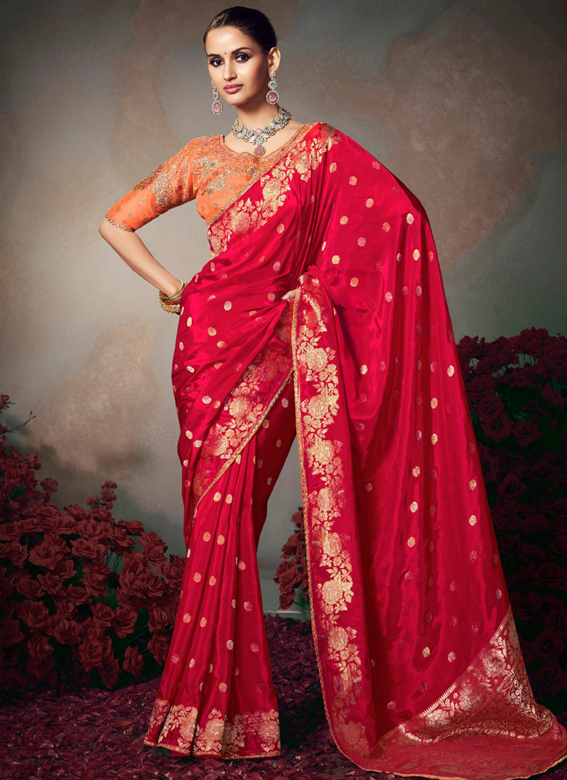 Red Chiniya Silk Heavy Designer Embroidered Saree