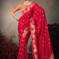 Red Chiniya Silk Heavy Designer Embroidered Saree