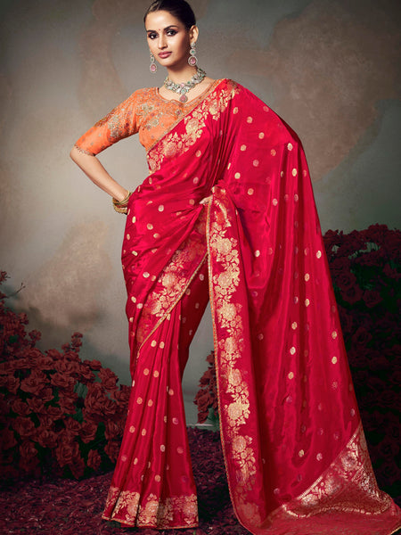 Red Chiniya Silk Heavy Designer Embroidered Saree