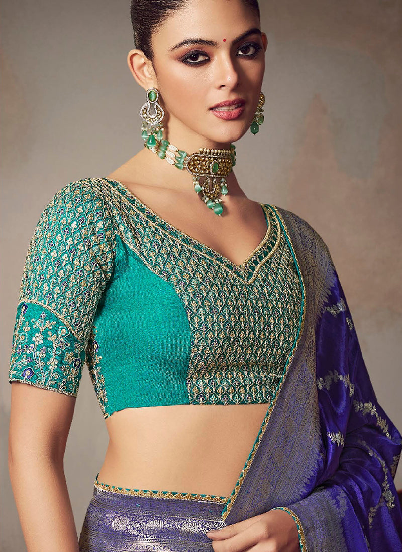 Blue Chiniya Silk Heavy Designer Embroidered Saree