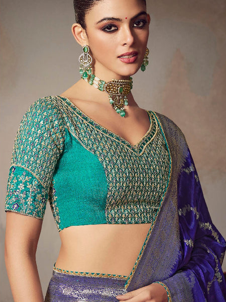 Blue Chiniya Silk Heavy Designer Embroidered Saree