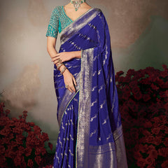 Blue Chiniya Silk Heavy Designer Embroidered Saree