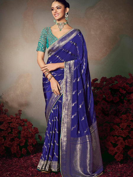Blue Chiniya Silk Heavy Designer Embroidered Saree