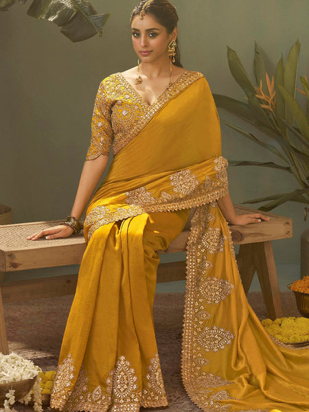 Yellow Gota Patti Embroidered Designer Saree With Blouse
