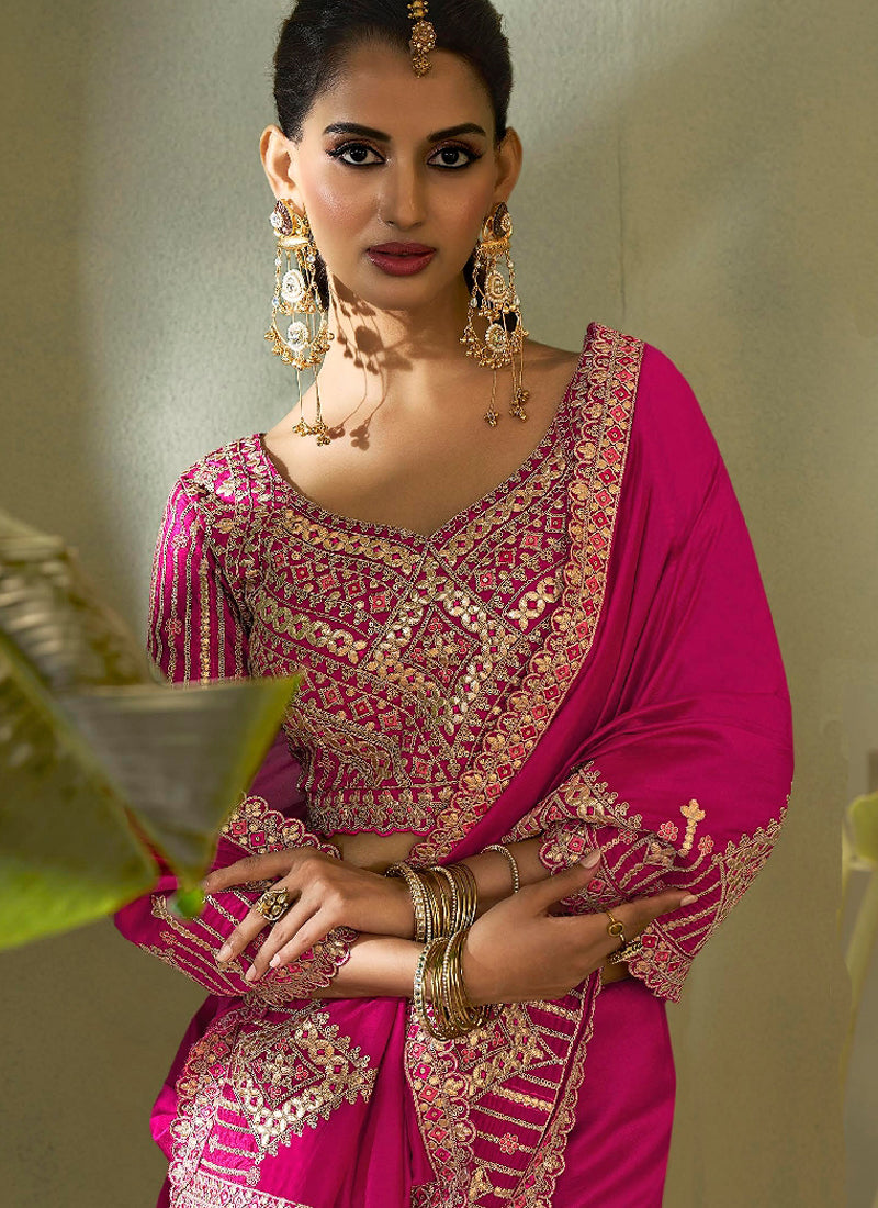 Magenta Pink Gota Patti Embroidered Designer Saree With Blouse