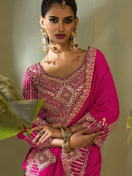 Magenta Pink Gota Patti Embroidered Designer Saree With Blouse