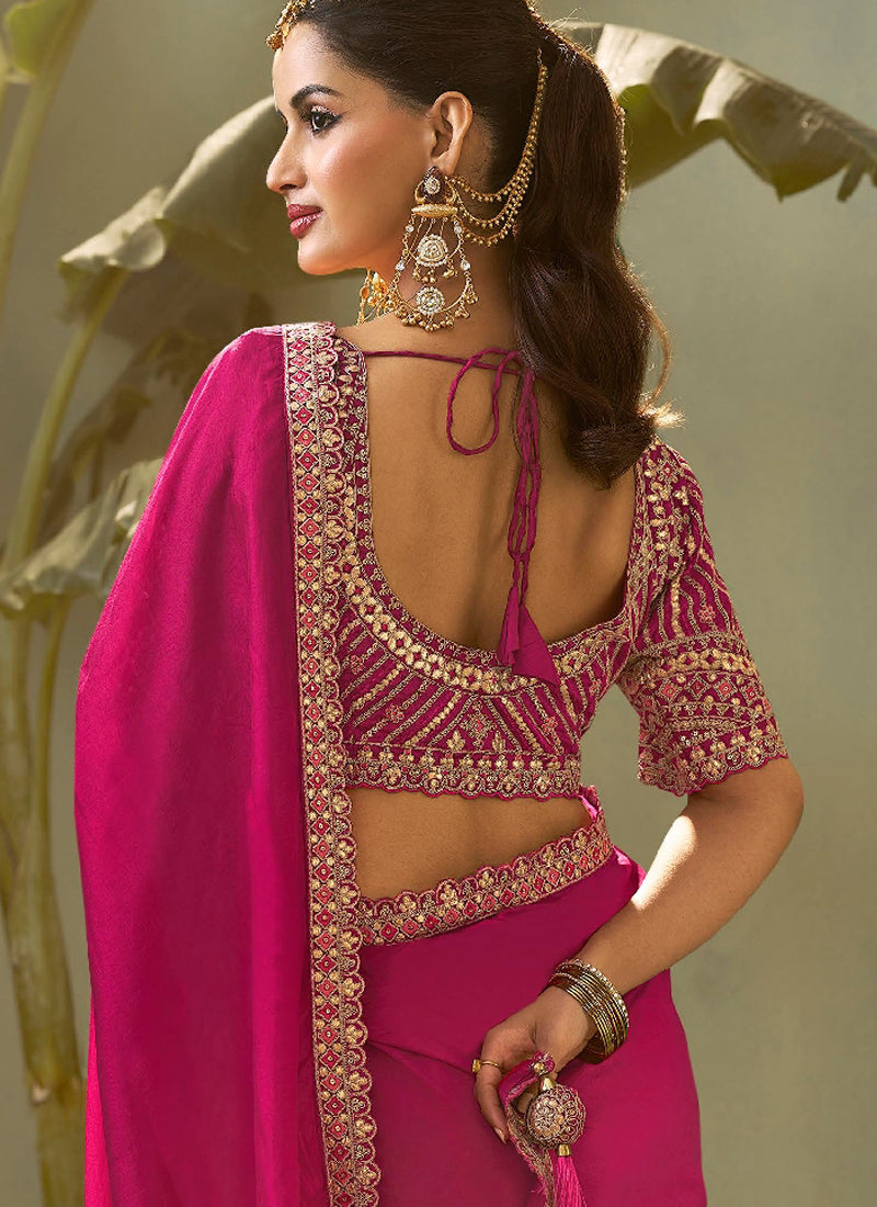 Magenta Pink Gota Patti Embroidered Designer Saree With Blouse