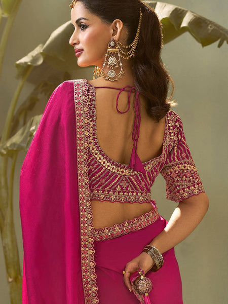 Magenta Pink Gota Patti Embroidered Designer Saree With Blouse