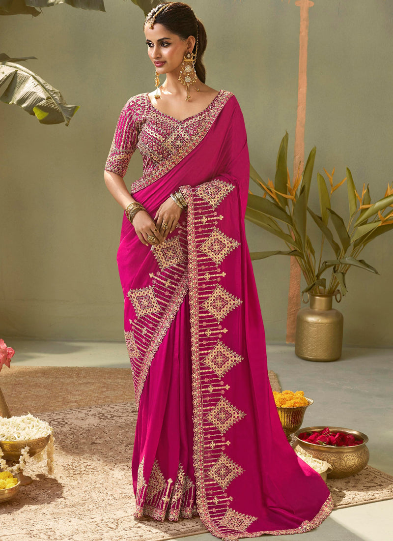 Magenta Pink Gota Patti Embroidered Designer Saree With Blouse