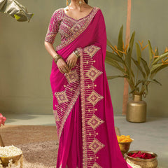 Magenta Pink Gota Patti Embroidered Designer Saree With Blouse