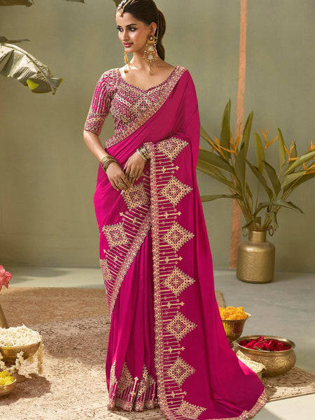 Magenta Pink Gota Patti Embroidered Designer Saree With Blouse