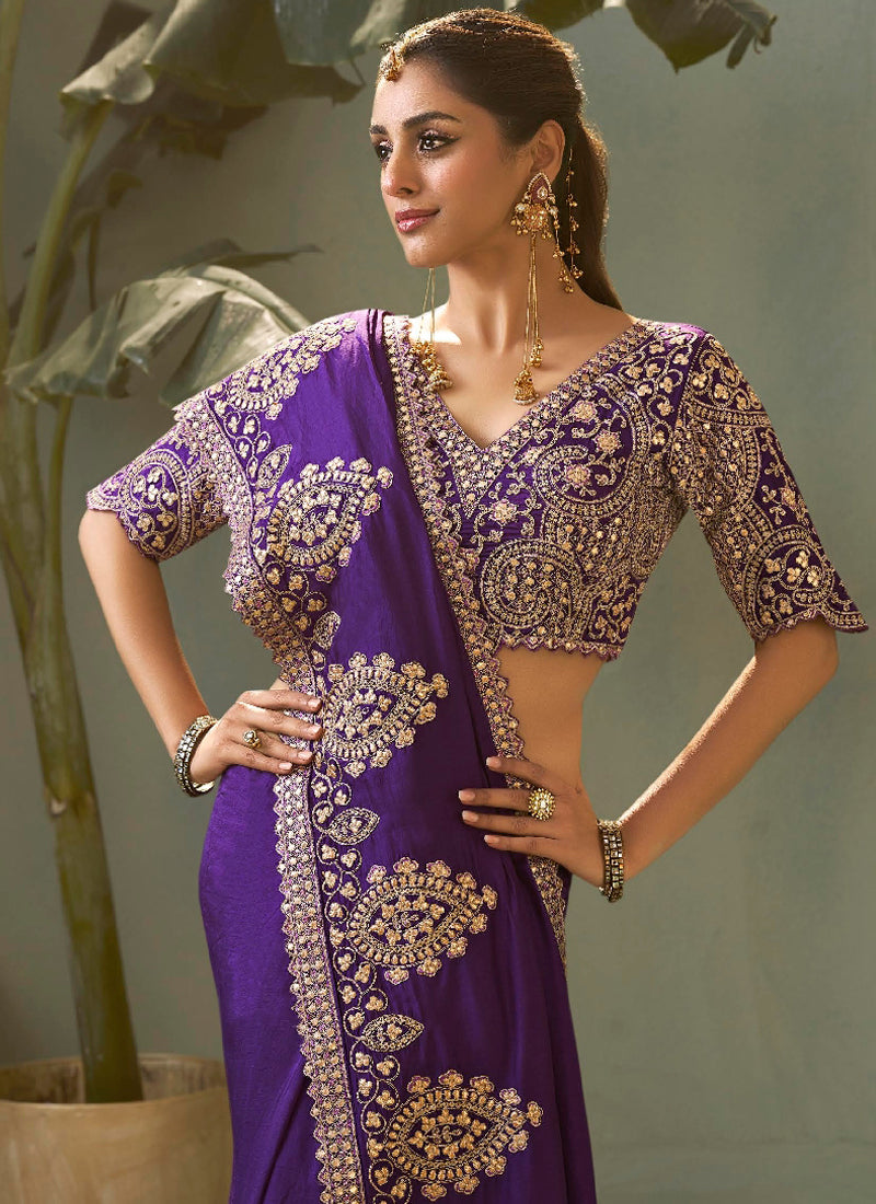 Violet Gota Patti Embroidered Designer Saree With Blouse