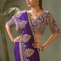 Violet Gota Patti Embroidered Designer Saree With Blouse