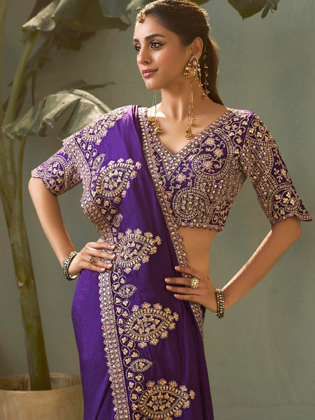 Violet Gota Patti Embroidered Designer Saree With Blouse