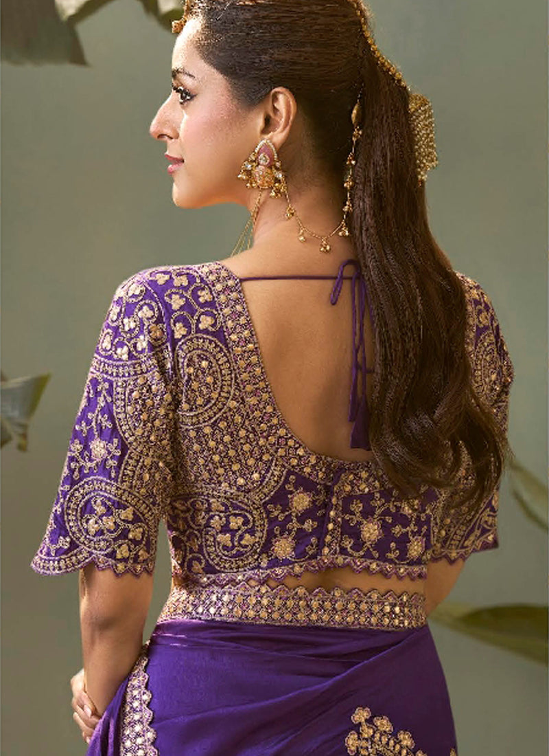 Violet Gota Patti Embroidered Designer Saree With Blouse