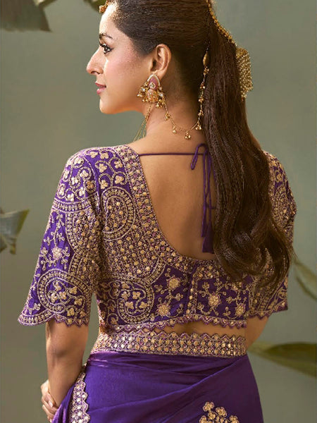 Violet Gota Patti Embroidered Designer Saree With Blouse