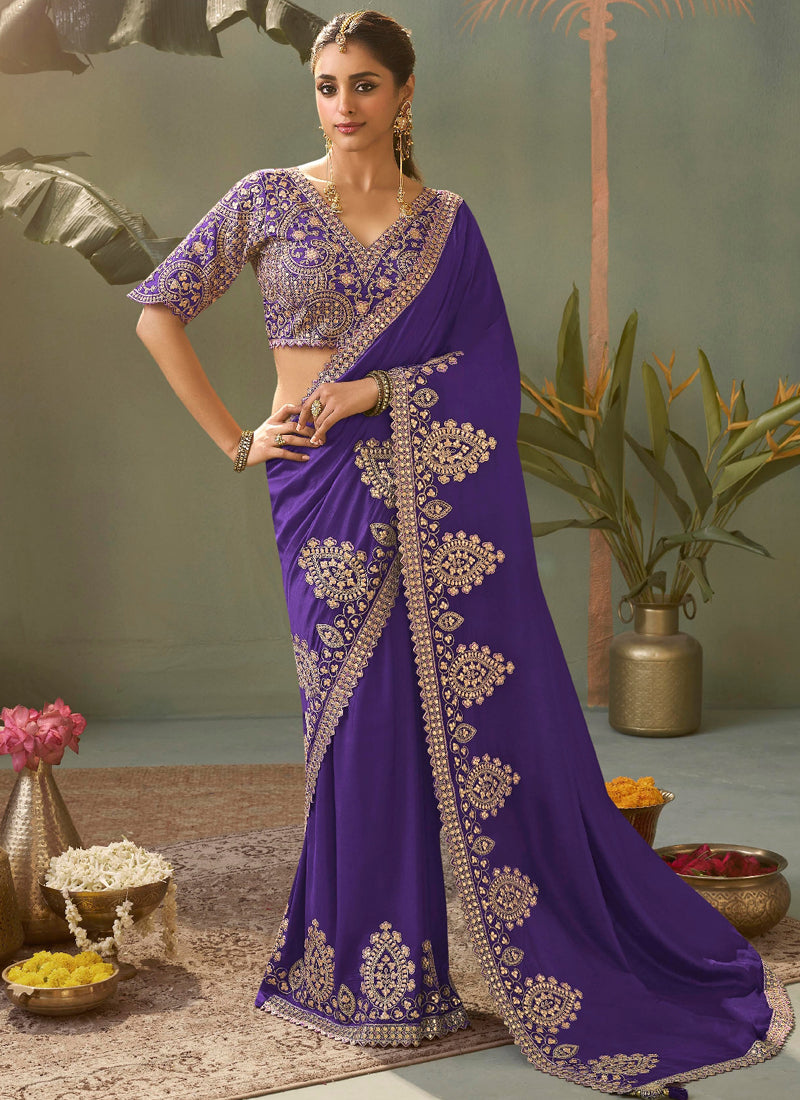 Violet Gota Patti Embroidered Designer Saree With Blouse